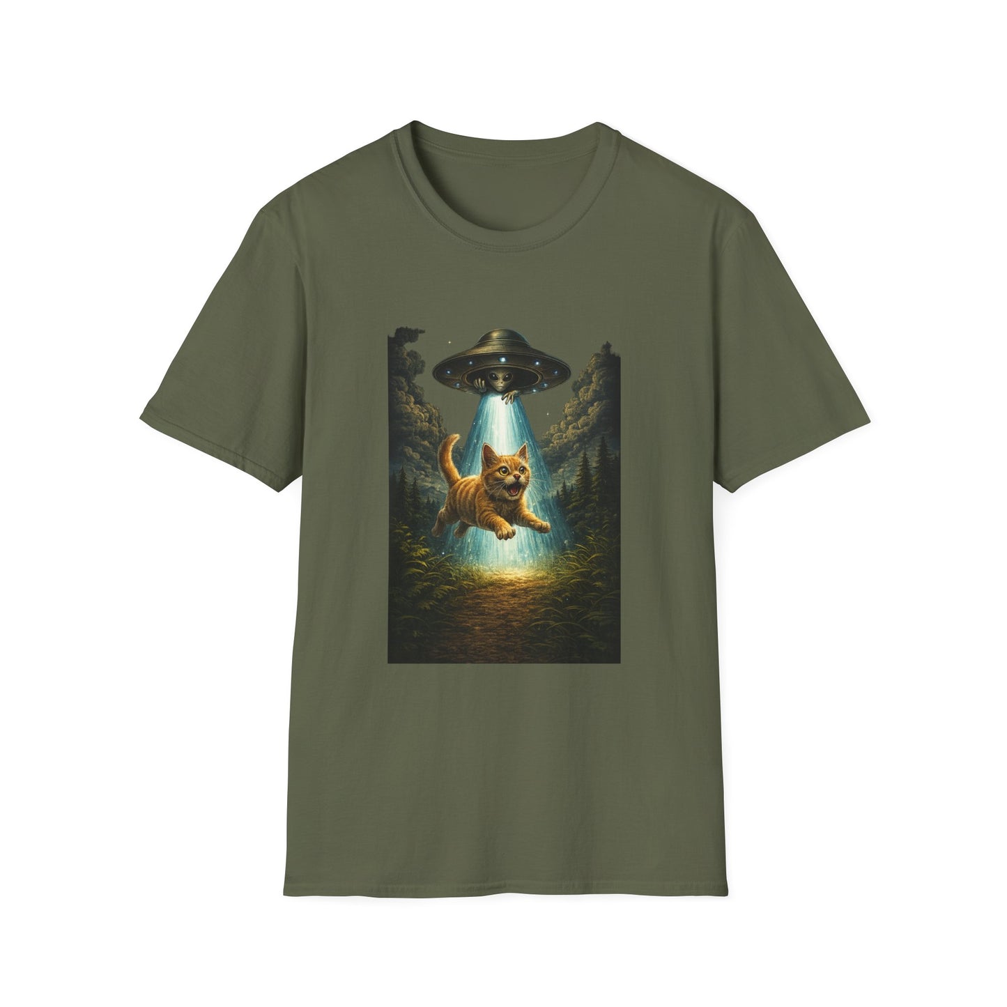 UFO Cat Abduction Funny T-Shirt — "Beam Me Up" Abduction Graphic Tee