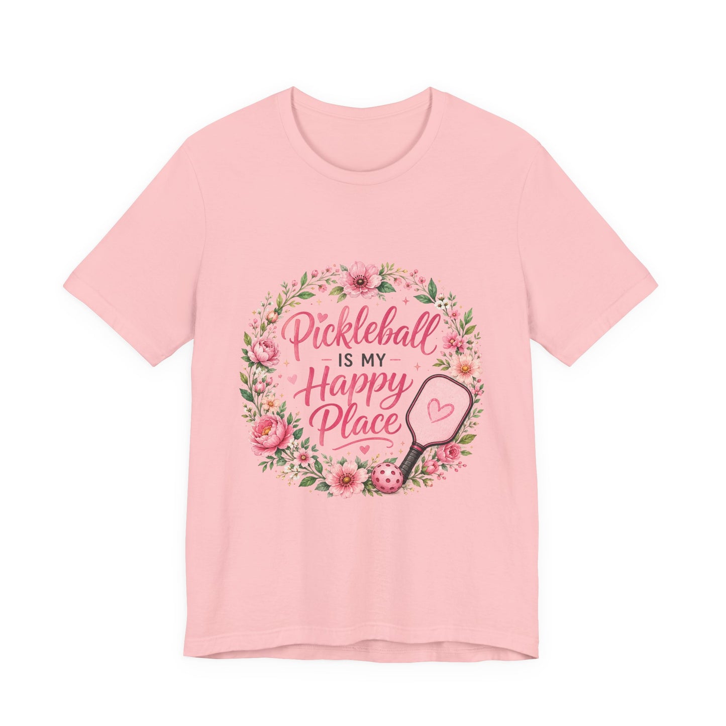 Pickleball Is My Happy Place T-Shirt — Floral Pink Paddle Tee