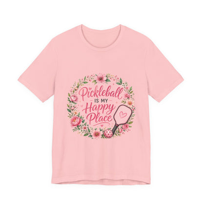 Pickleball Is My Happy Place T-Shirt — Floral Pink Paddle Tee